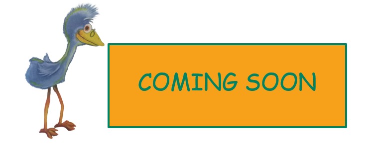 blue emu standing besign a yellow square with green writing that says coming soon
