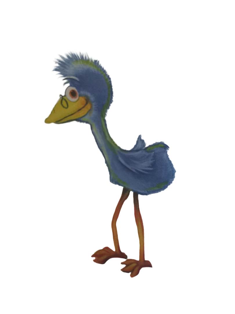 cartoon image of a blue emu with a yellow beak and red legs